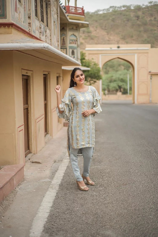 Grey Gold Foil Print Kurta and Pant Set