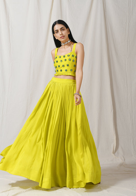 Lime Pleated Skirt with Cape Set