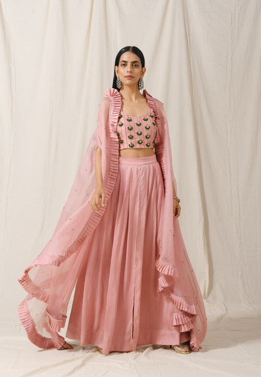 Onion Pink Palazzo with Onion Pink Pleated Cape Set