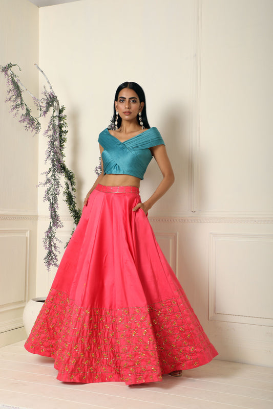 Rose Pink Lehenga with Teal Criss Cross top