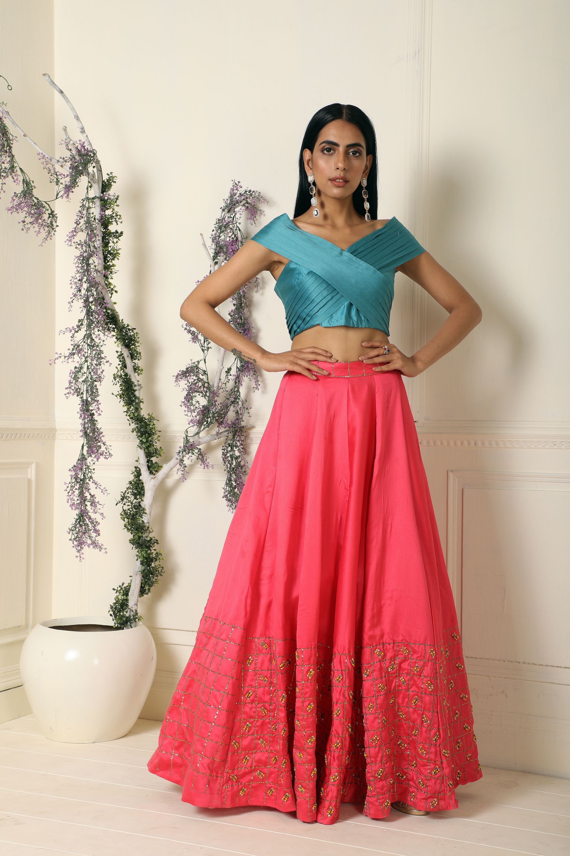 Velvet Lehenga Choli in Teal