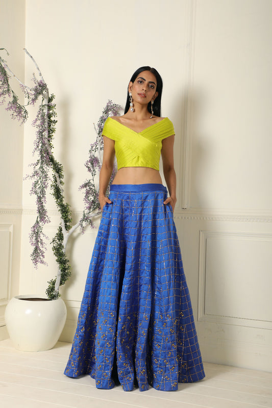 Blue Lehenga with Lime Criss Cross Top