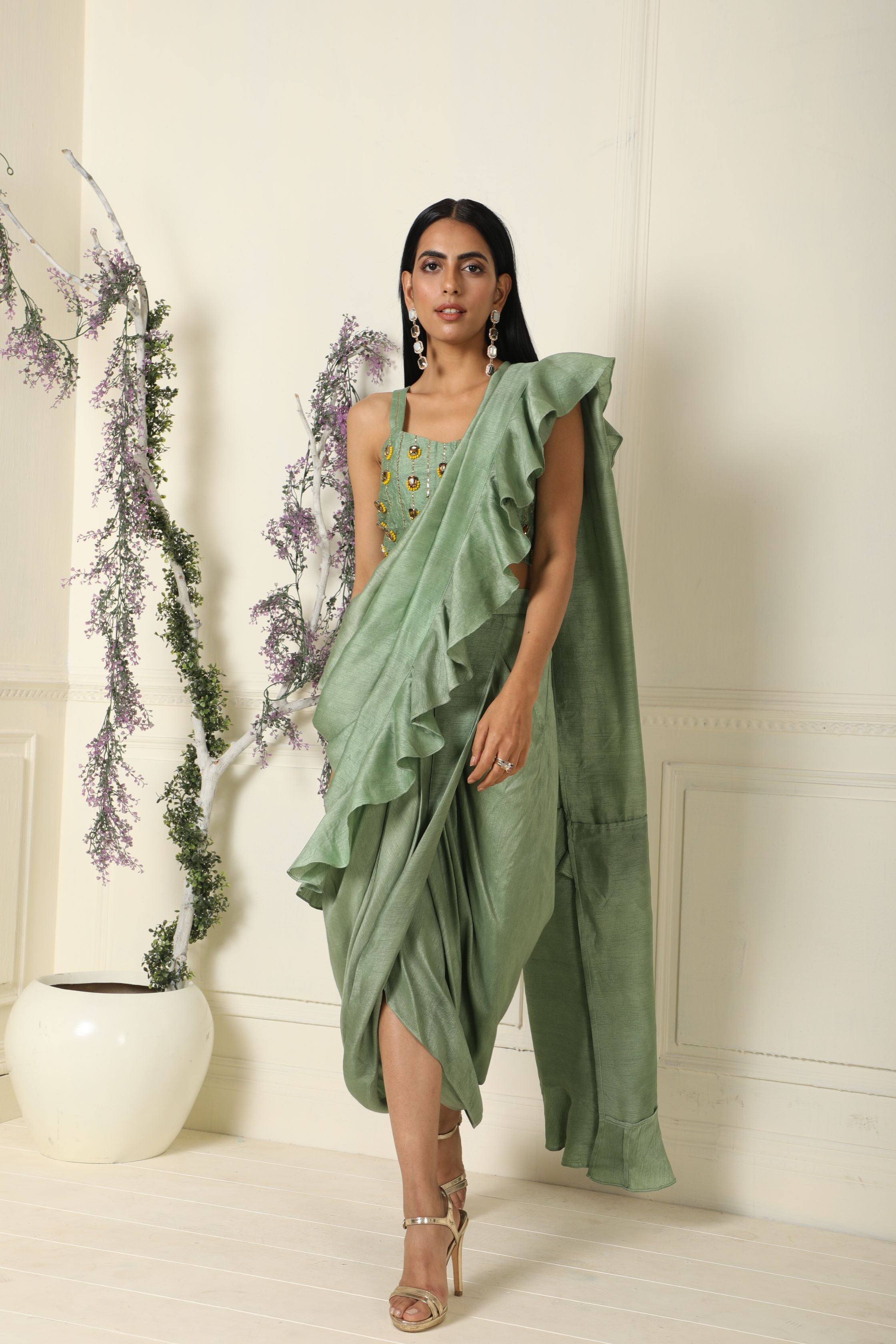 Green & Cream Ruffle Saree – Navya Dachepally