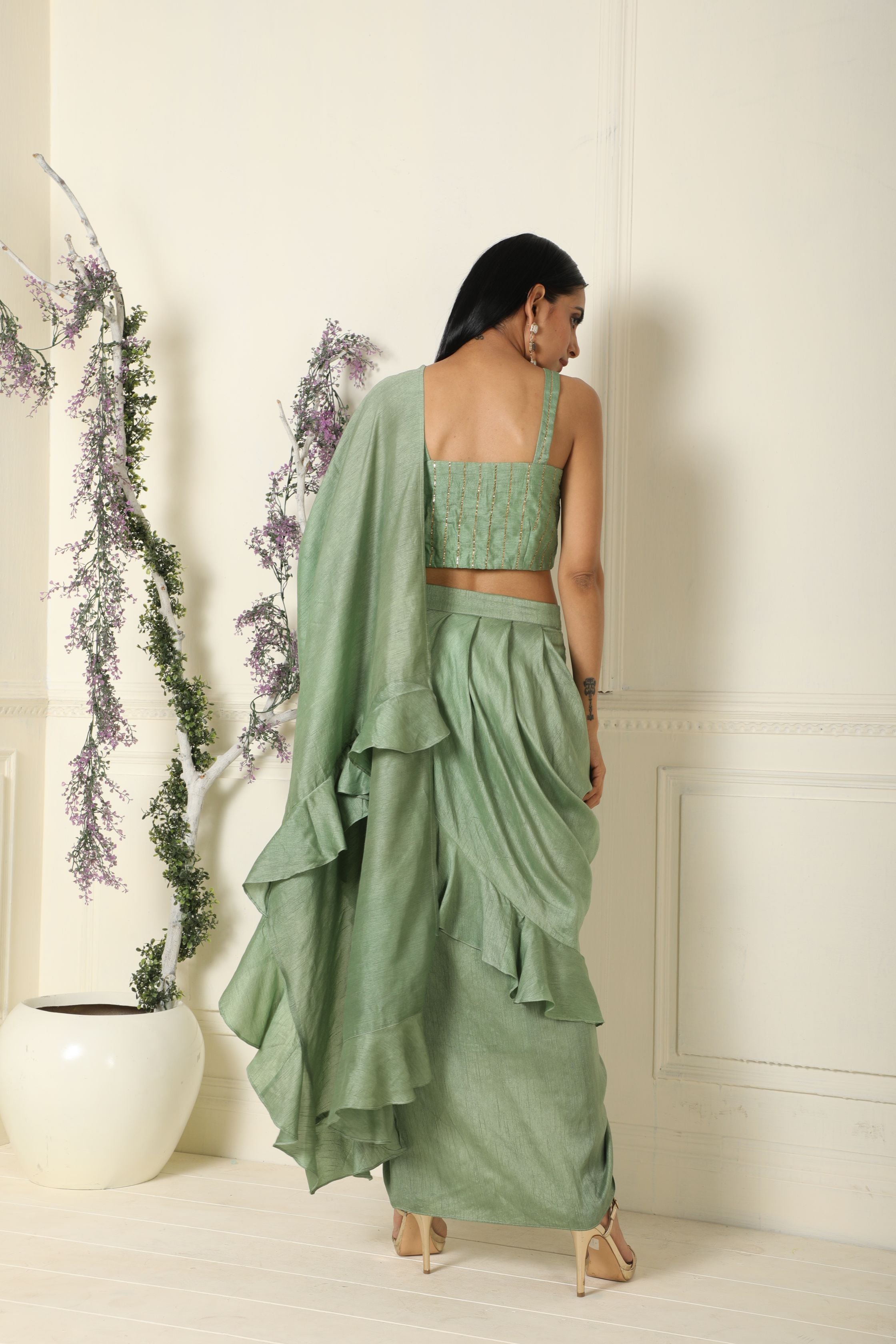 Bottle Green Ruffle saree – Lakhina Couture