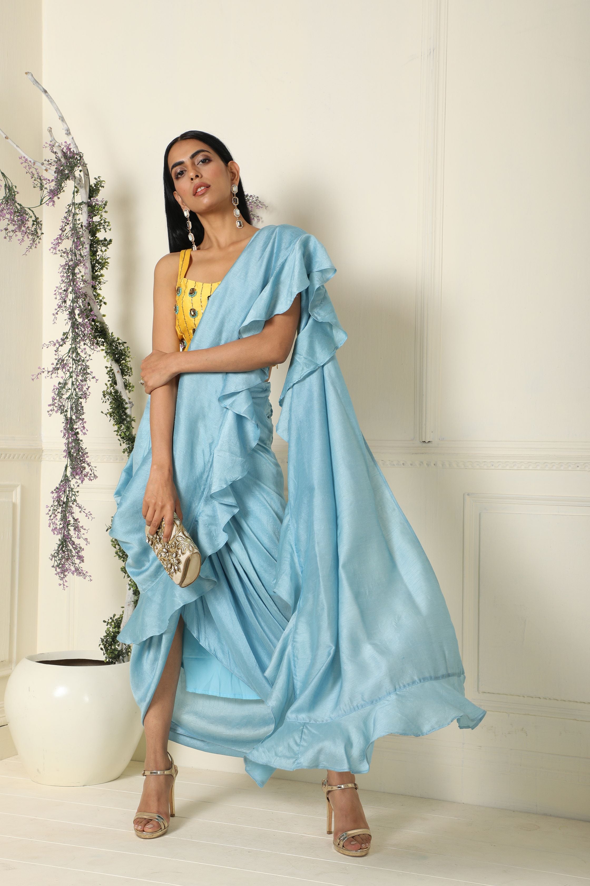 Blue Ruffle saree with Mirror Embroidered blouse – Neha Sharma Label