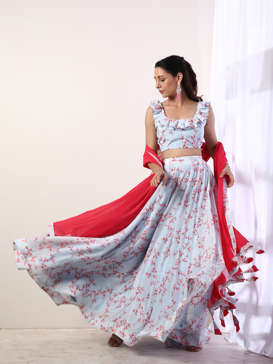 Sky Blue Ruffle top with lehenga(set of 3)