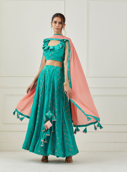 Teal ruffle top with lehenga set