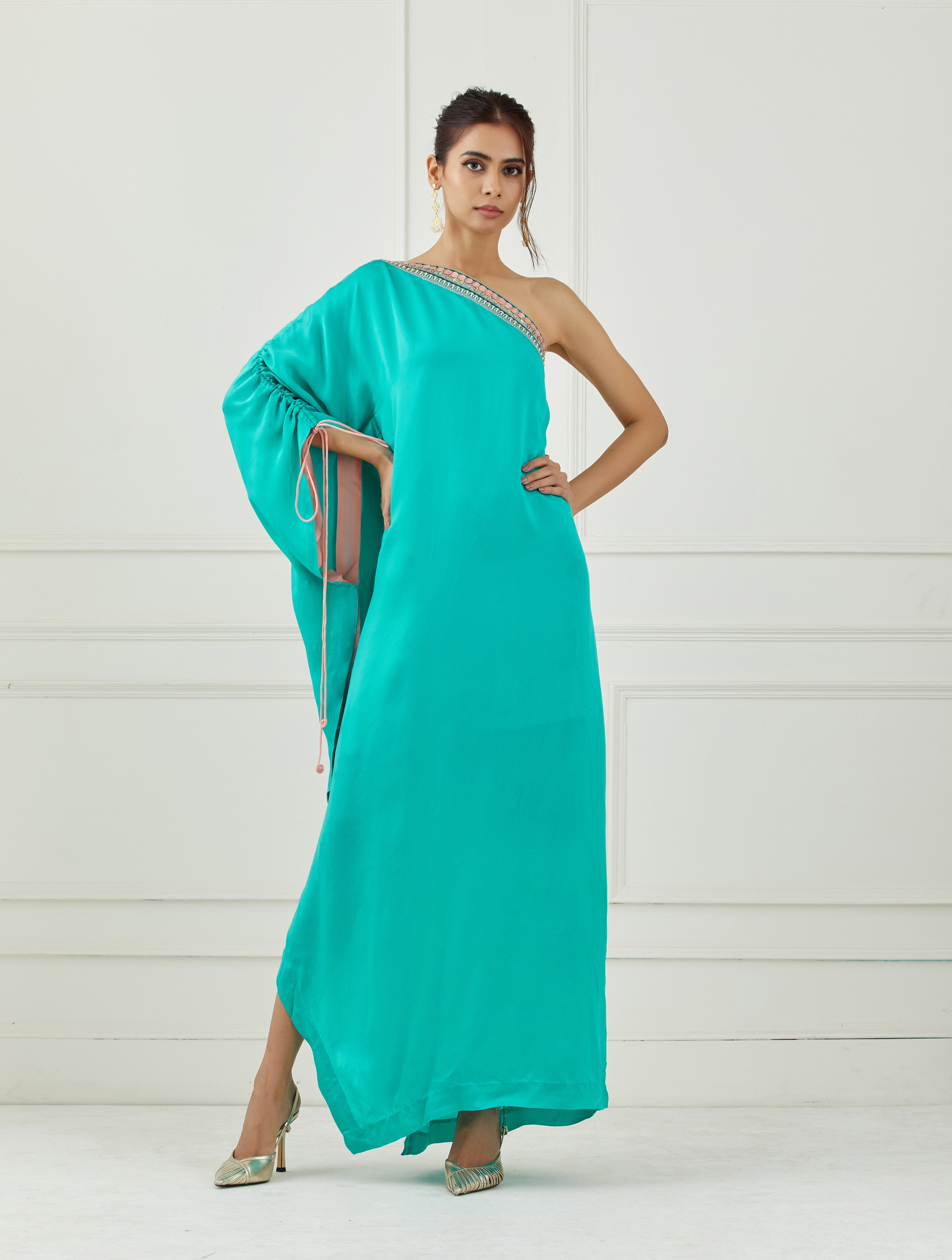 Blue & White Printed One-Shoulder Kaftan Maxi Dress – IKI CHIC