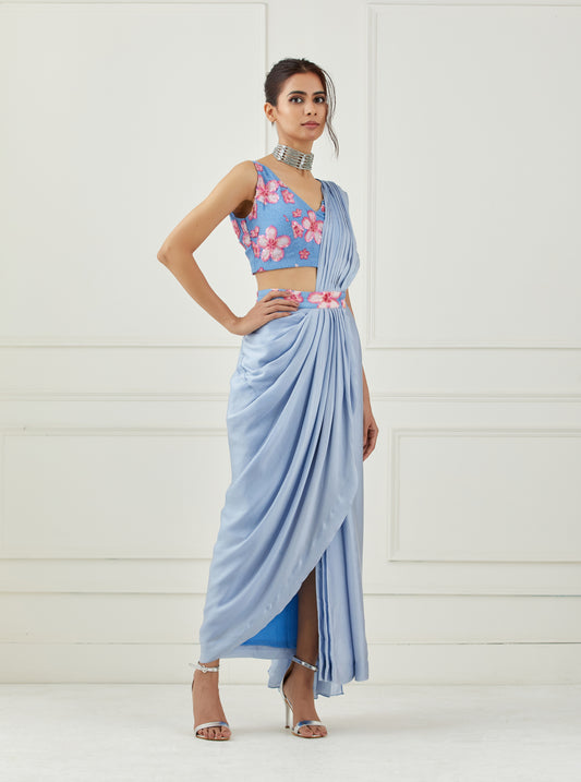 Moon blue draped saree(Sleeveless blouse)