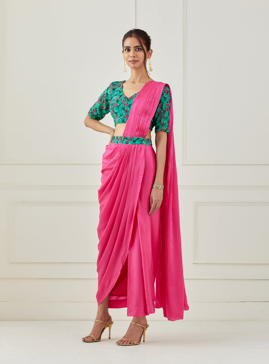 Fuchsia draped saree (Sleeves blouse)