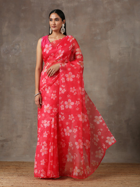 Printed Fuchsia Saree with Monotone Blouse (Set of 2)