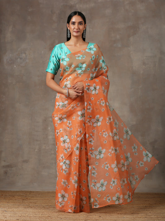 Printed Coral Saree with Teal Beaded Blouse (Set of 2)