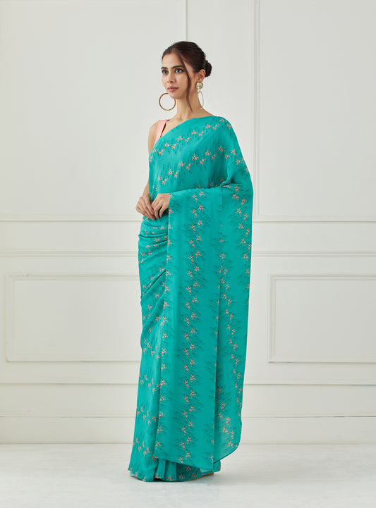 Teal crepe saree