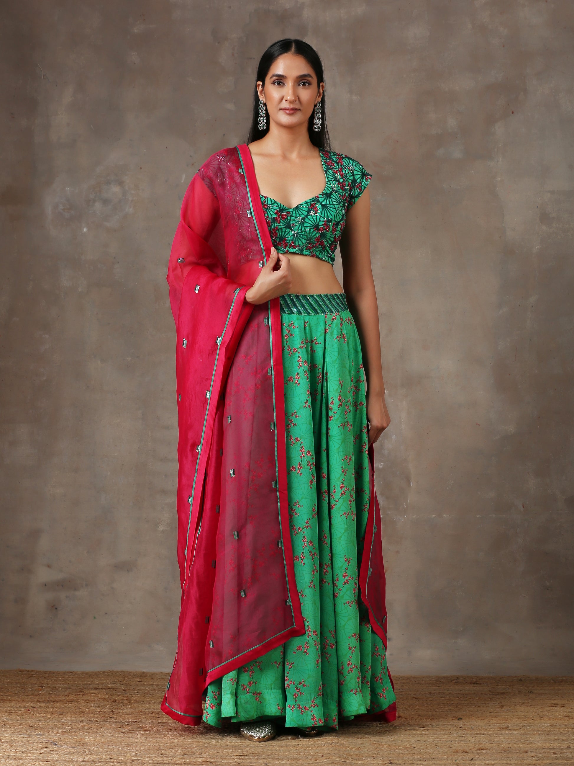 Emerald Green Lehenga with Sleeveless Blouse – Label Nitika