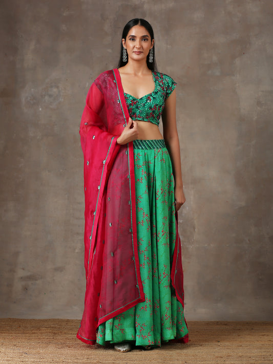 Green Printed Lehenga Set with Heavy Dupatta