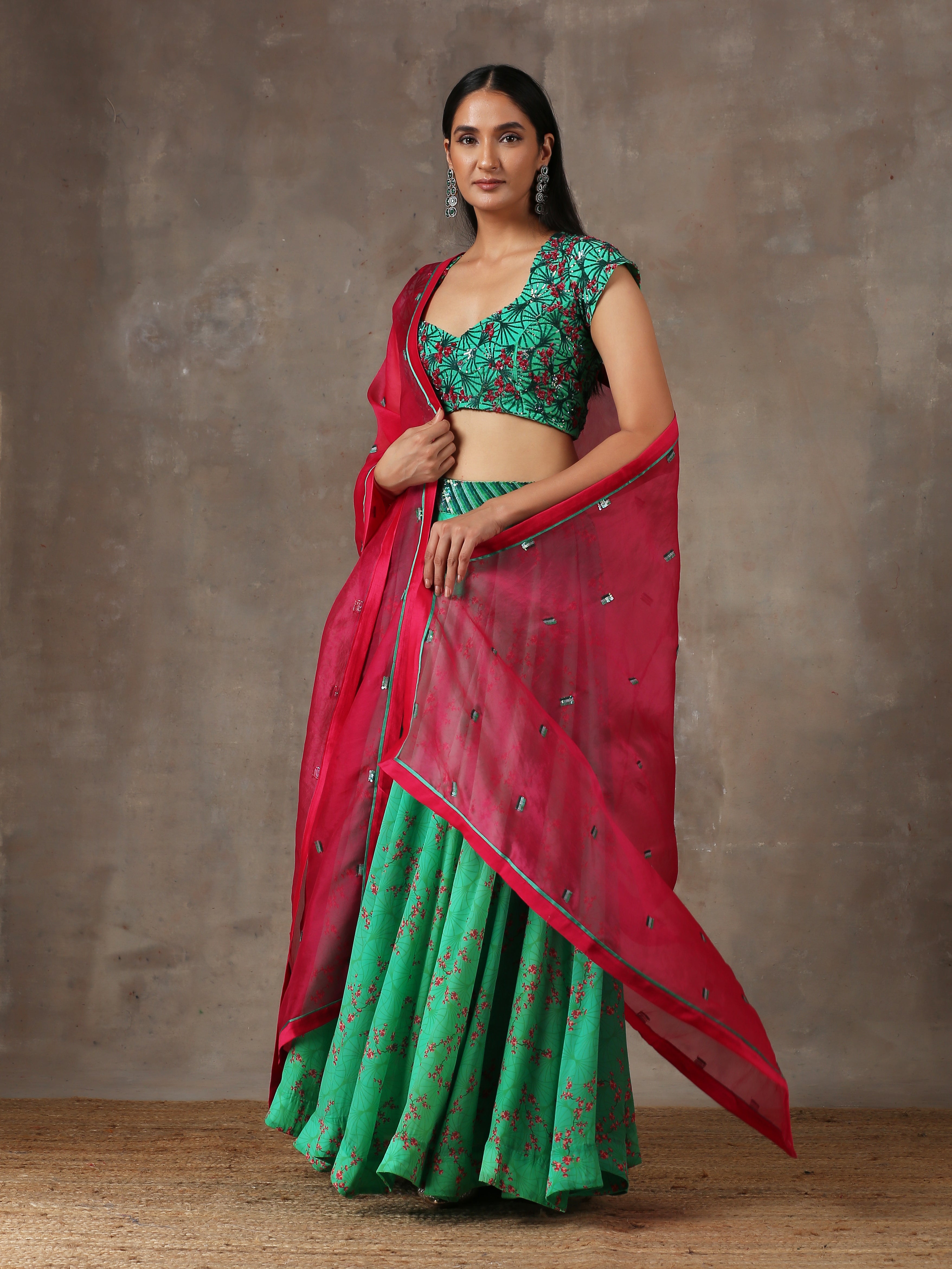 Pink & Green Silk Embroidered Lehenga Choli Set with Net Dupatta | Mirror  work blouse, Green silk, Embroidered silk