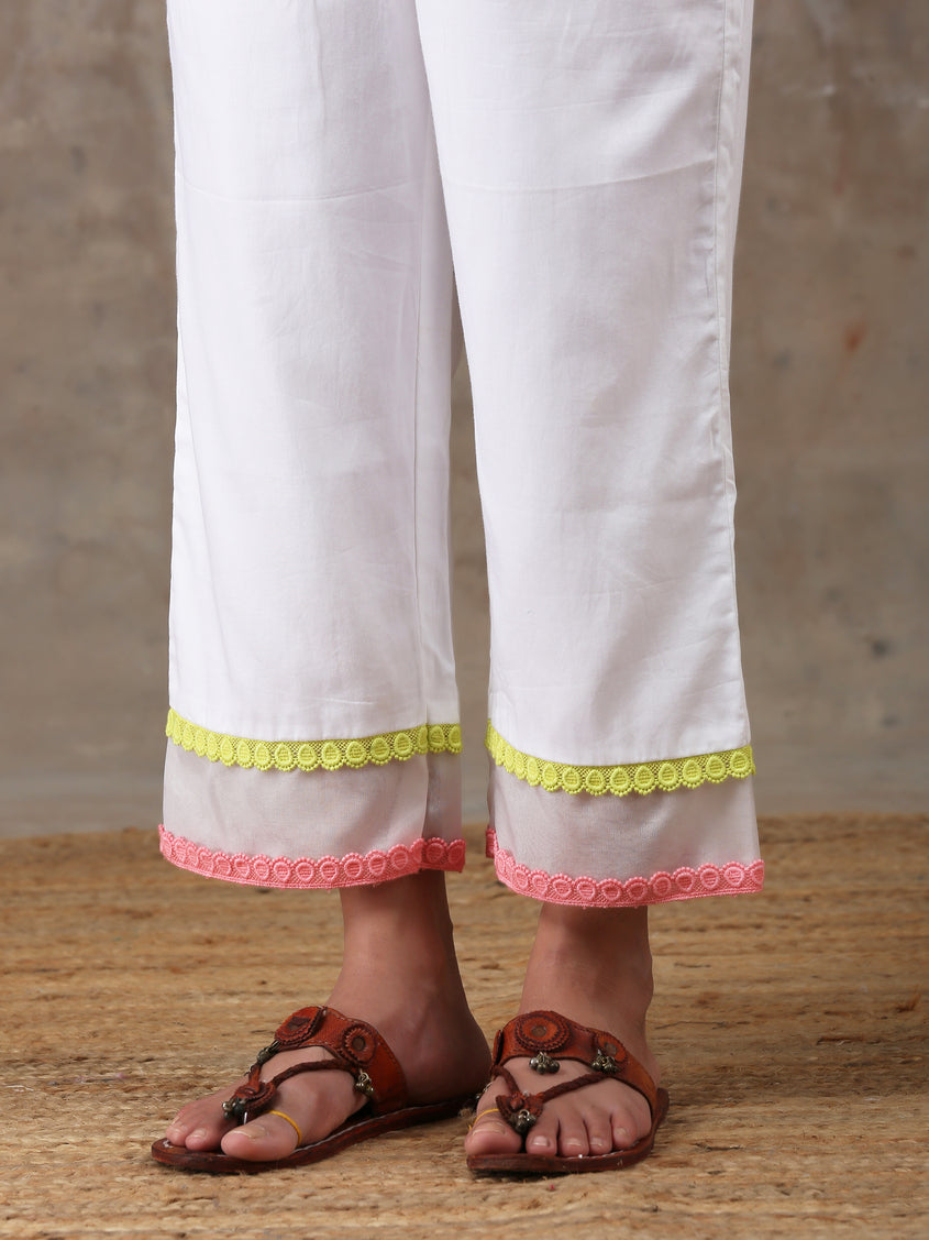 Laces embellished Soft Cotton Trouser – White – PT10 - Silk Avenue Pakistan