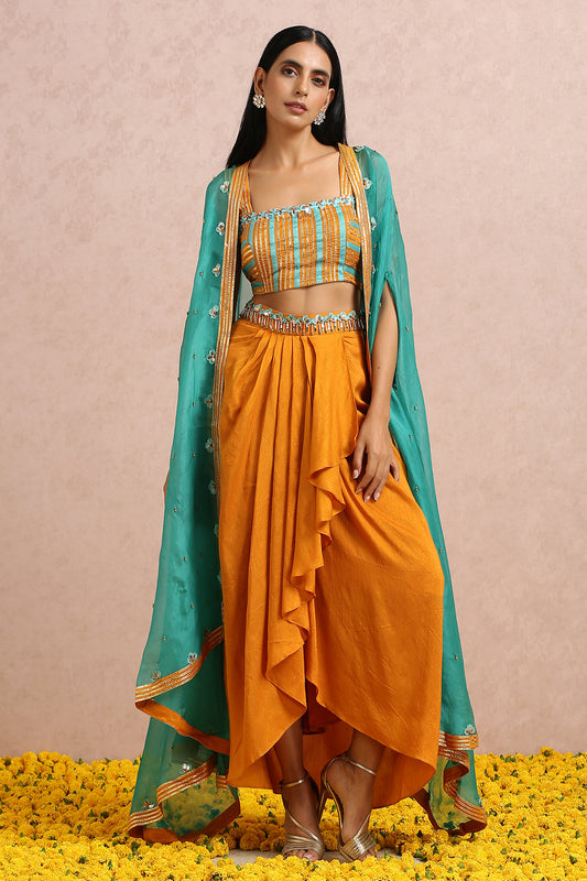 Teal Cape And Rust Dhoti Set