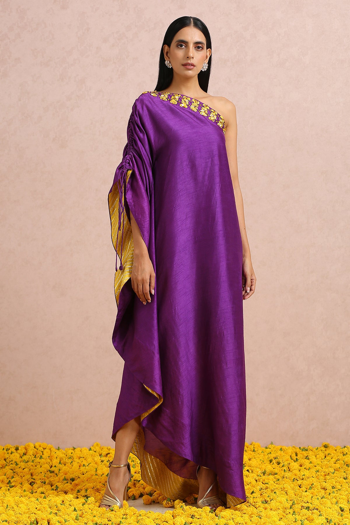One Shoulder kaftan midi dress in Rib Jersey fabric.It as a side slit & is