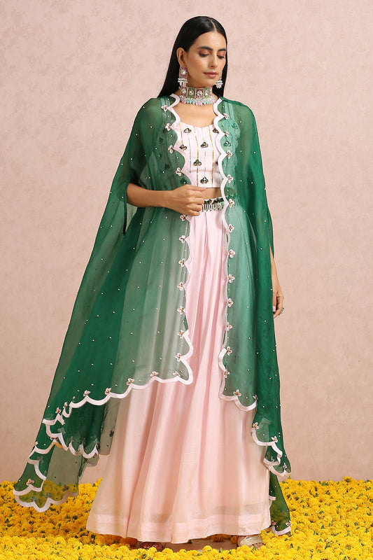 Baby Pink Palazzos With Emerald Cape