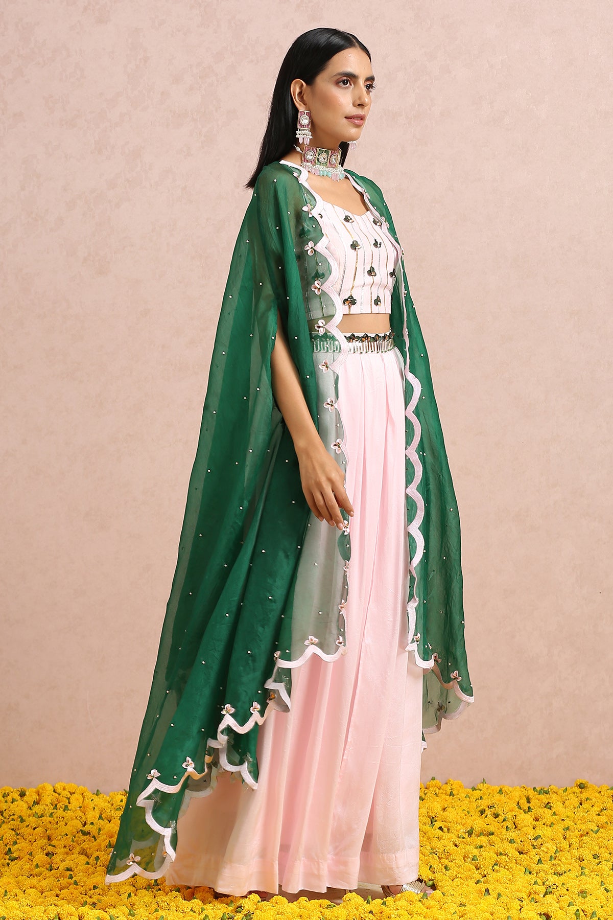 Baby Pink Palazzos With Emerald Cape